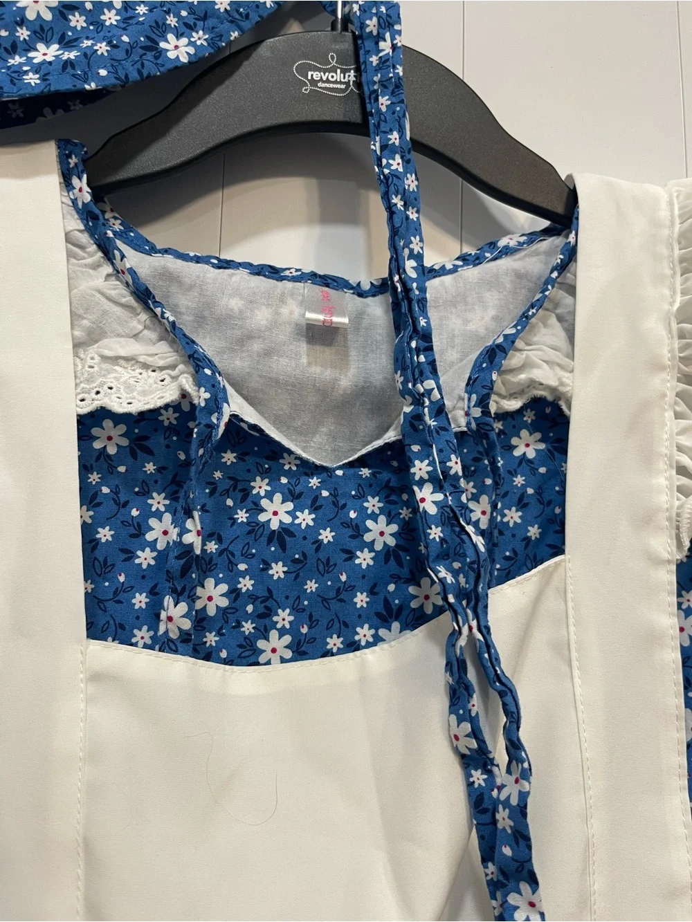 Blue Floral Pioneer Girls Costume White Apron Bonnet pilgrim little house 8-10